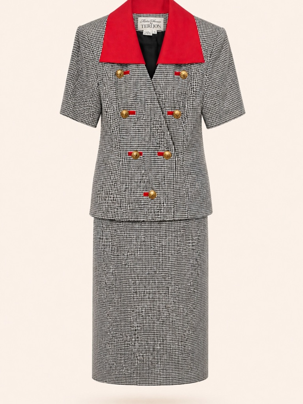 Vintage Teri Jon  by Richie Freeman Linen Skirt Suit Red Collar Houndstooth Sz 6